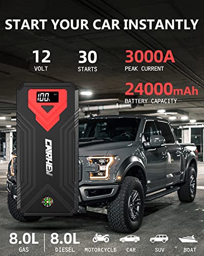 3000A Jump Starter, 24000mAh Car Battery Jump Starter (up to 8.0L Gas and 8.0L Diesel Engine) Battery Jumper Starter Portable, 12V Car Jumper Starter Portable with LED Light and USB QC 3.0