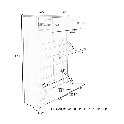 Knocbel Entryway Narrow Shoes Cabinet with 2 Adjustable Shelves and Top Drawer, Entrance Hallway Foyer Freestanding Storage Organizer Unit 12 Pairs Shoe Rack (Black)