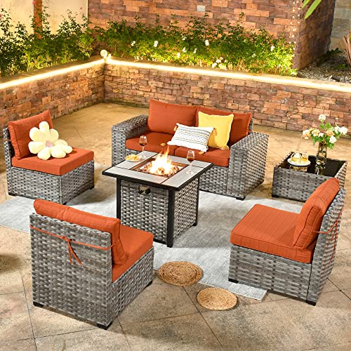 6 PCS Patio Furniture Set,Wide Armrest Outdoor Sectional Sofa,All Weather PE Rattan Outside Conversation Sets with Coffee Table,Black