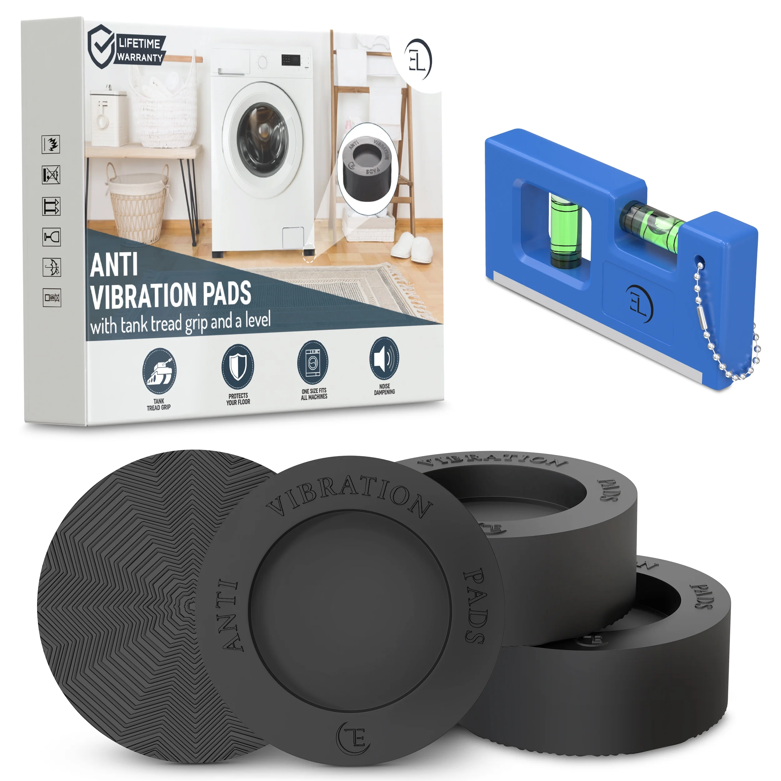 Anti Vibration Pads for Washing Machine - 4 Pads with Tank Tread Grip + Level - Washer Dryer Pedestals Fits All Machines - Noise Dampening, Protects Laundry Room Floor - Washing Machine Support