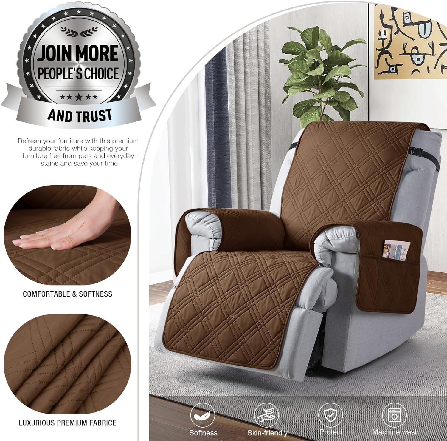 TAOCOCO 100% Waterproof Recliner Chair Cover, Non Slip Recliner Covers for Recliner Chair with Pocket, Washable Reclining Chair Cover Furniture Protector for Kids, Pets(Recliner Chair, Brown)