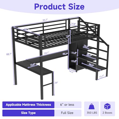 Full Size Metal Loft Bed Heavy-Duty Loft Bed Frame, LED Loft Bed Frame with L Shaped Desk, Wardrobe, Storage Stairs, Charging Station & Safety Guard for Kids Girls Boys, Space-Saving/Noise Reduced