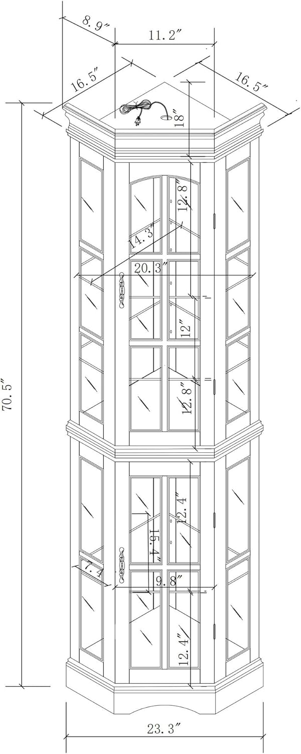 Curio Cabinets With Glass Doors, Corner Curio Cabinet with 5 Shelves and Lighting System, Display Cabinet with Glass Doors for Living Room, Home, Office, Study Room-Oak (light bulb not included)