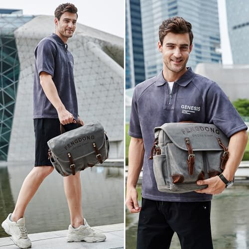 Mens Messenger Bag 15.6 Inch Vintage Waxed Canvas Genuine Leather Briefcase Leather Computer Laptop Bag Rugged Satchel Shoulder Bag Black Gray