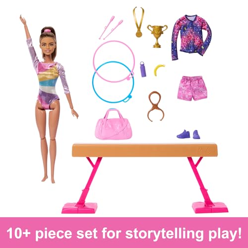 Barbie Careers Playset, Gymnastics Set with Blonde Gymnast Fashion Doll, C-Clip for Flipping Action, Balance Beam, Warm-Up Suit & Accessories
