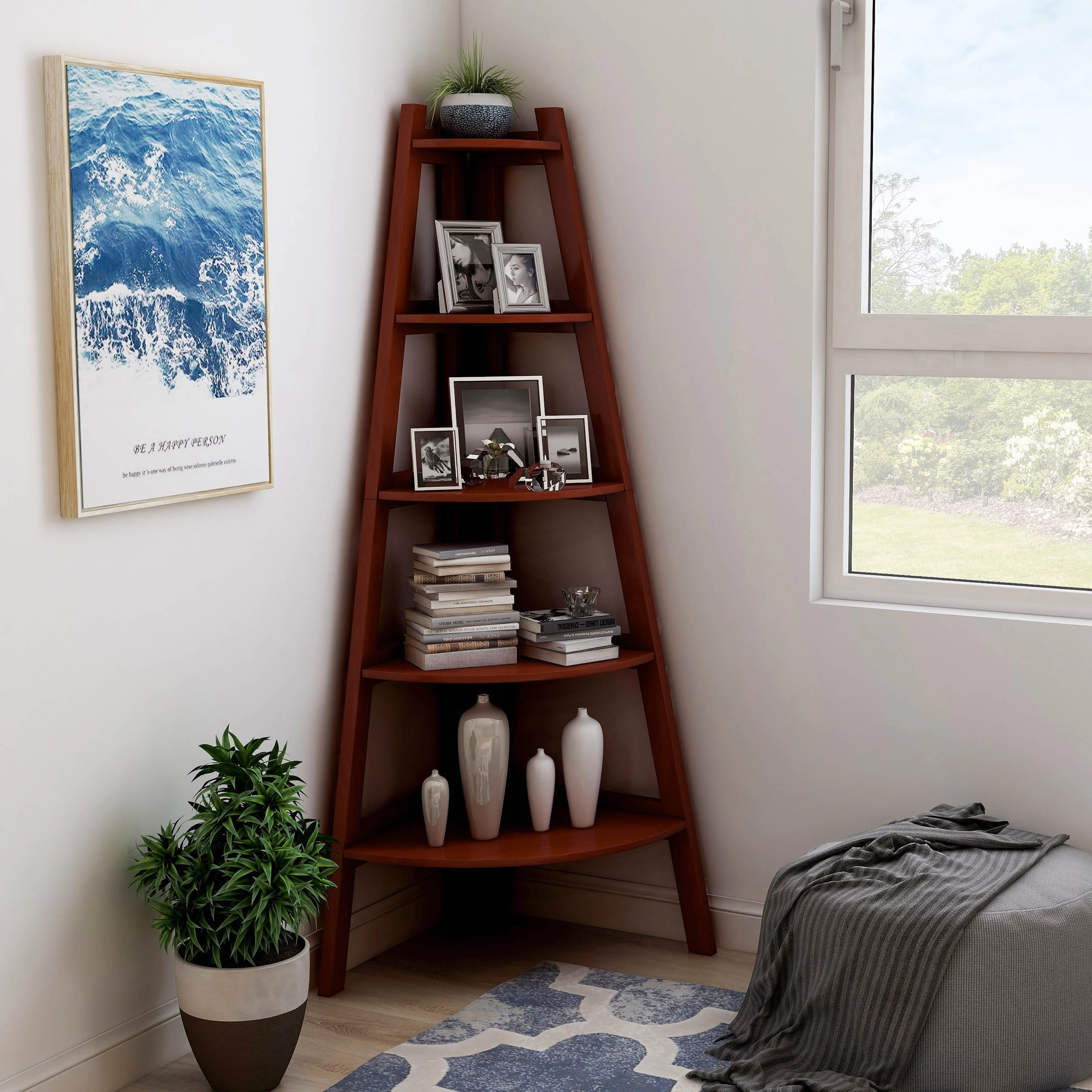 Denhour DH BASIC Space Saving Tiered 5-shelf Corner Bookshelf by  Cherry Cherry Finish, Wood Finish Traditional, Classic