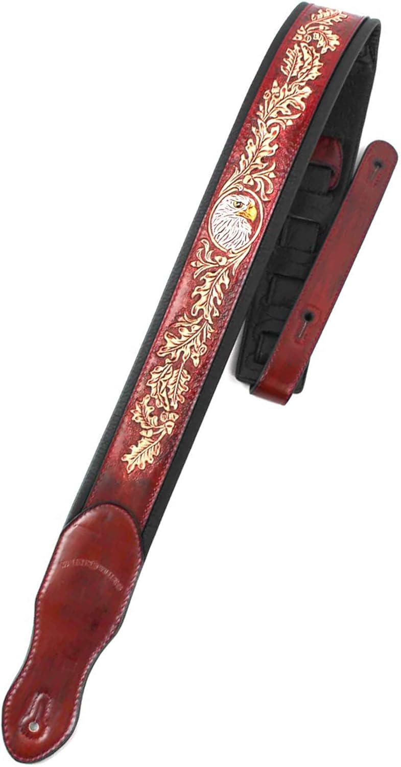 Walker & Williams KB-03-RB Mahogany Brown Full Grain Center Block Carved Leather Padded Guitar Strap With American Eagle & Oak Leaves For Acoustic, Electric, And Bass Guitars