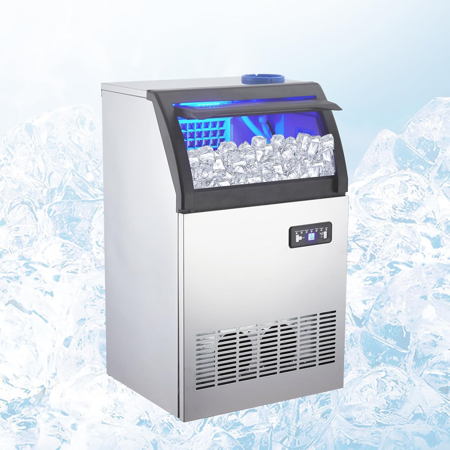 Commercial Ice Maker Machine, Stainless Steel Freestanding Ice Maker with 33 Lbs Ice Storage, 2 Water Inlet Modes, 100 Lbs/24H, Under Counter Ice Machine for Bar Home Office Restaurant RV