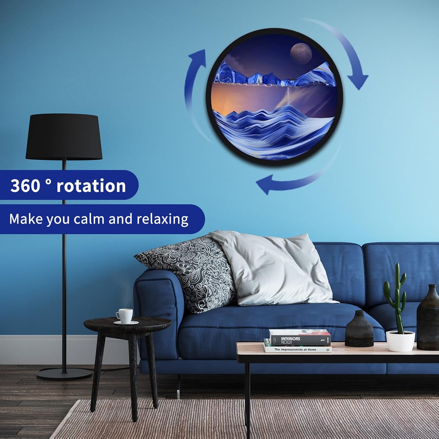 17.3'' Sand Art Liquid Motion 3D Sand Painting Creative Moving Sand Art Living Room Decoration, 360° Rotate, Glass Crafts Solid Wood Frame, Relaxing Mood Home Office Work Decor(Blue)…