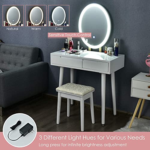 LDAILY Vanity Table Set with 3-Color Lighted Dimming Mirror, Wooden Makeup Table with Cushioned Stool & 2 Sliding Drawer, Touch Screen, Modern Bedroom Dressing Table for Women, Girl (White)