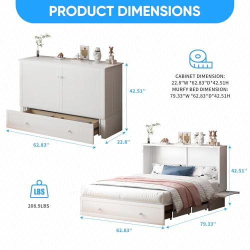 PUREMIND Murphy Bed Cabinet with Mattress Included, Queen Murphy Chest Beds with 2 Storage Drawers, Hideaway Cabinet Bed with USB Charging Station, Murphys Wallbed for Bedroom, Guest Room