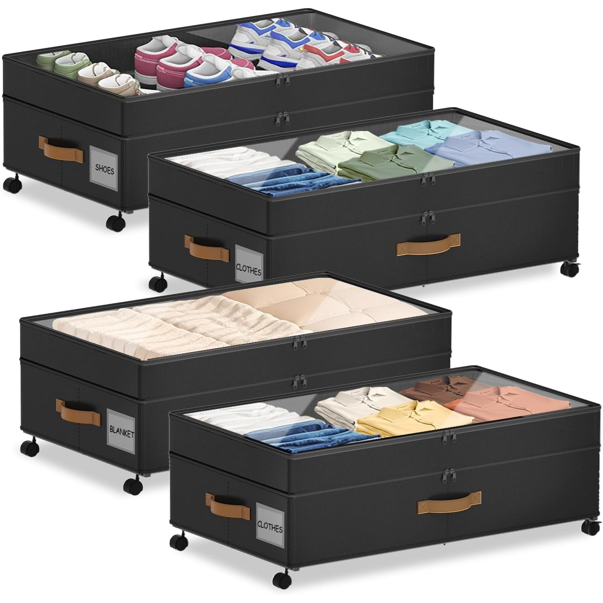 4 Pack Under Bed Storage with Wheels, Adjustable Height Storage Containers, 10 inches Large Capacity Rolling Underbed with Lids, Storage Drawers Shoes, Clothes, Blankets, Black