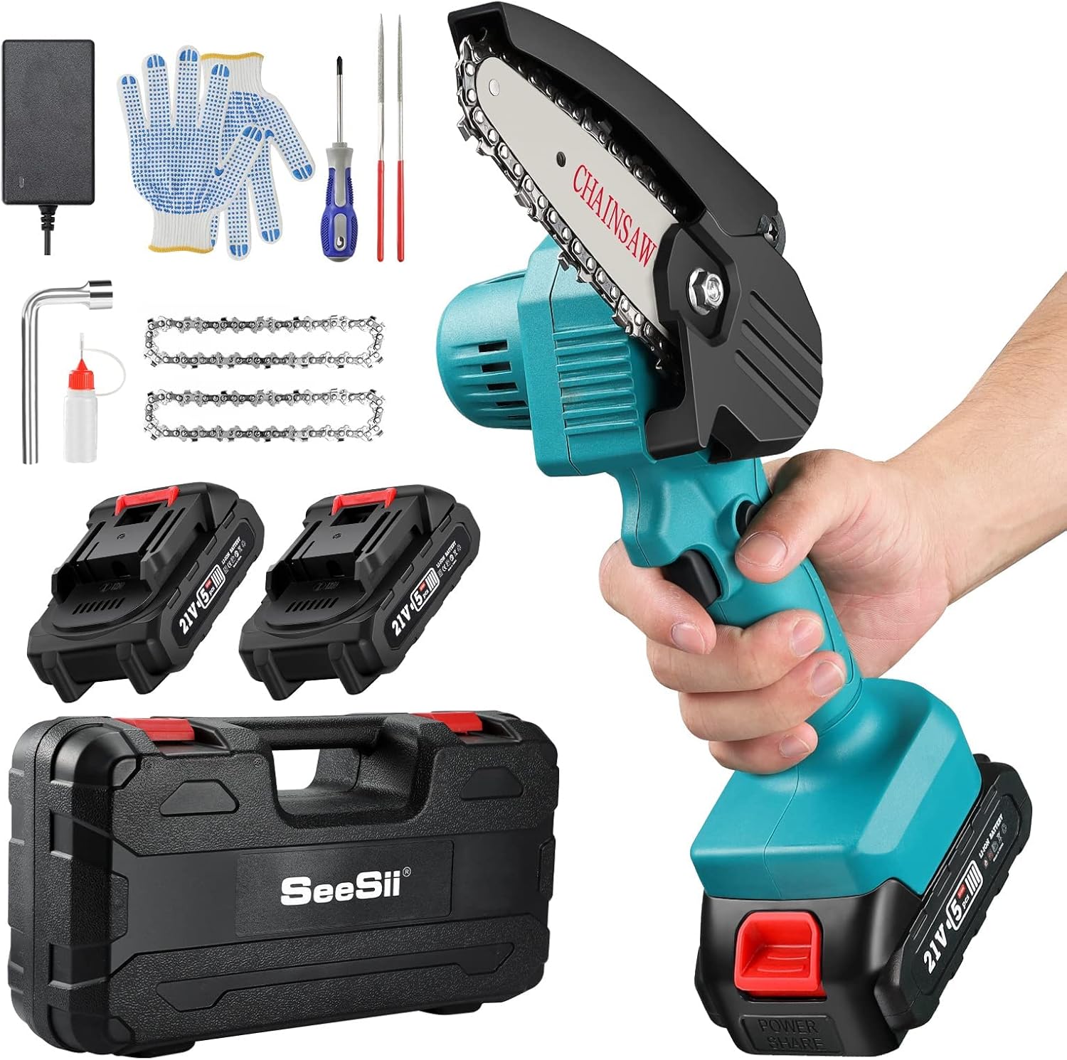 Mini ChainSaw with 2 Battery, Seesii 4-Inch Cordless Electric Pruning Chain Saw with Replacement Chain, One-Handed Portable Chainsaw for Branch Wood Cutting Garden Tree Logging Trimming Pack of 2