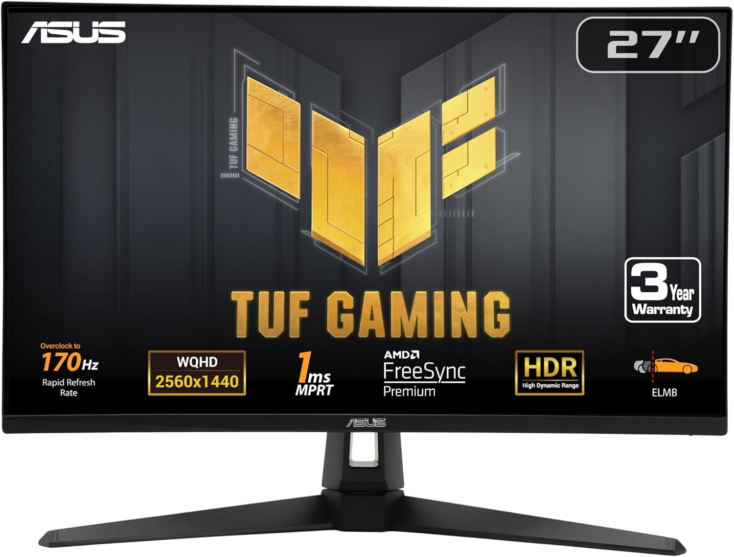 ASUS TUF Gaming 27” 1440P Monitor (VG27AQA1A) - QHD (2560 x 1440), 170Hz (Supports 144Hz), 1ms, Extreme Low Motion Blur, Freesync Premium, Eye Care, HDMI, DisplayPort, Shadow Boost, Speakers, HDR