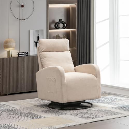 Swivel Rocking Chair Nursery, Modern Glider Chair with Side Pocket and High Backrest, Upholstered Nursery Glider Rocker, Comfy Nursing Chair Recliner for Living Room Bedroom, Reading Room, White Teddy