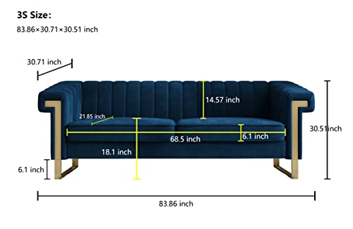 83'' Blue Velvet Couch Sofa Mid-Century Modern Love Seat Chesterfield 3 Seat Couches Sofa for Living Room Apartment (Blue)