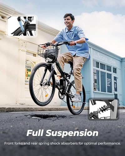 isinwheel Urban/Folding Electric Bike for Adults 500W Ebike with Basket, Dual USB Charging Ports, Full Suspension, 7 Speed Gearshift, 20mph Foldable Electric Bicycles, 26