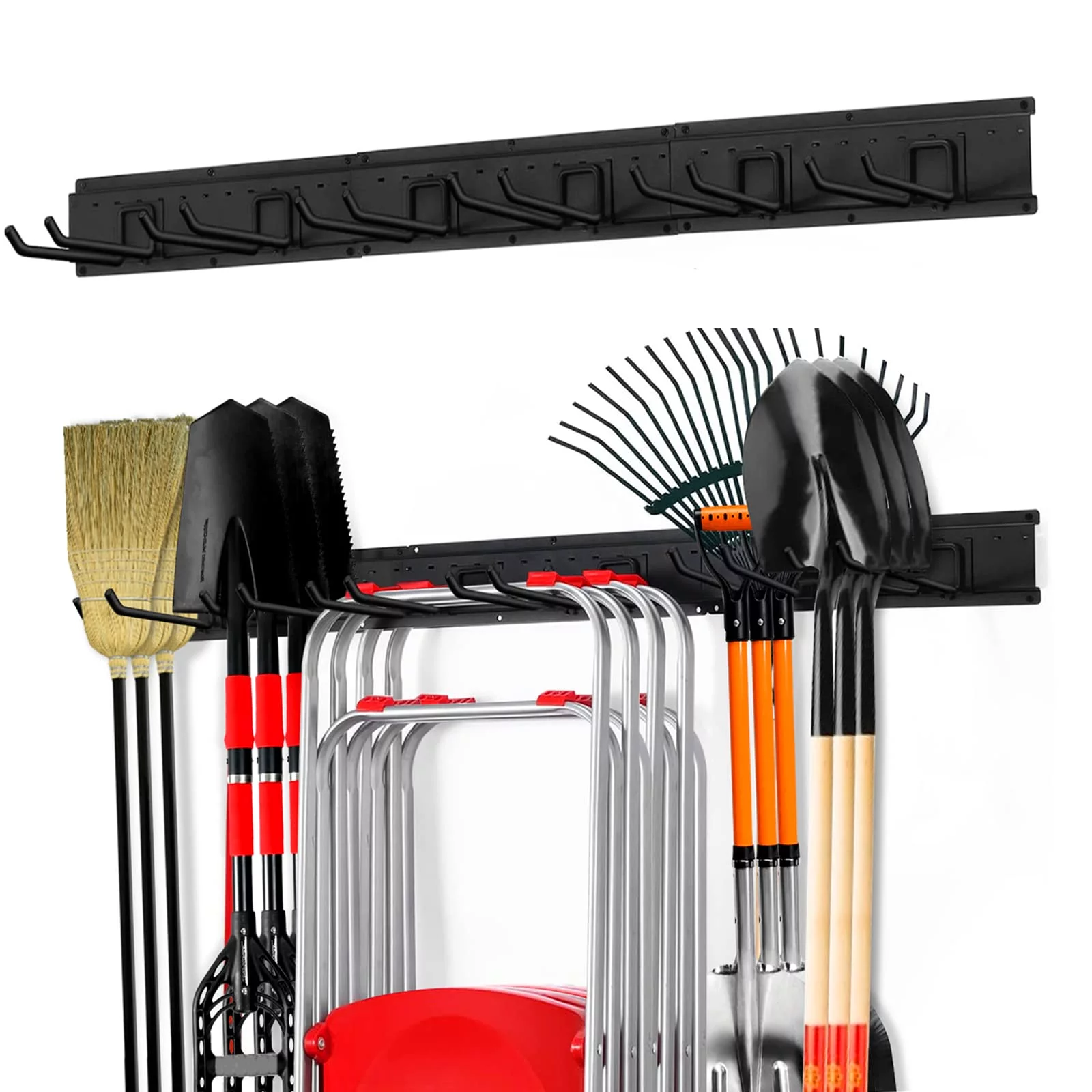 Garage Tool Storage Organizers Wall Mounted with 6 Removable Hooks and 3 Board, Heavy Duty Powder Coated Steel Garden Tool Hanger Rack for Chair, Broom, Mop, Rake Shovel & Tools
