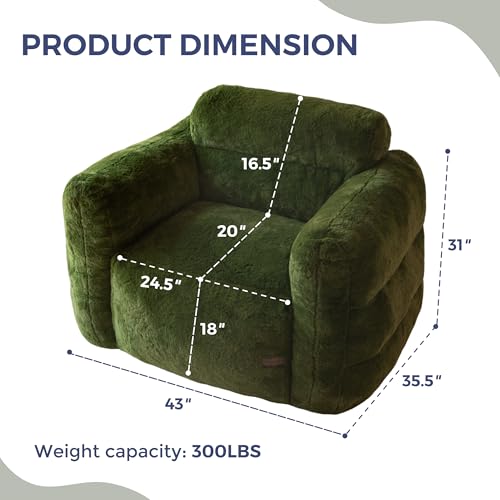 MAXYOYO Giant Bean Bag Chair for Adults, Ultra Soft Fluffy Bean Bag Sofa, Oversized Floor Sofa for Living Room Bedroom, Cozy Reading Chair with Filler, Green