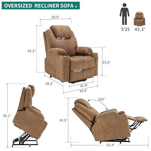 YITAHOME Power Lift Recliner Chair for Elderly, Electric Lift Chair with Heat and Massage, Fabric Recliner Sofa with 2 Cup Holders, Side Pockets & Remote Control for Living Room (Light Brown)