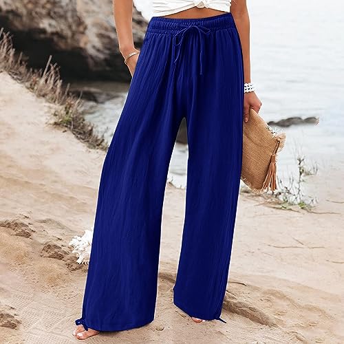 Women Linen Palazzo Pants Summer Comfy Flowy Wide Leg High Waist Casual Loose Beach Lounge Pant Trouser