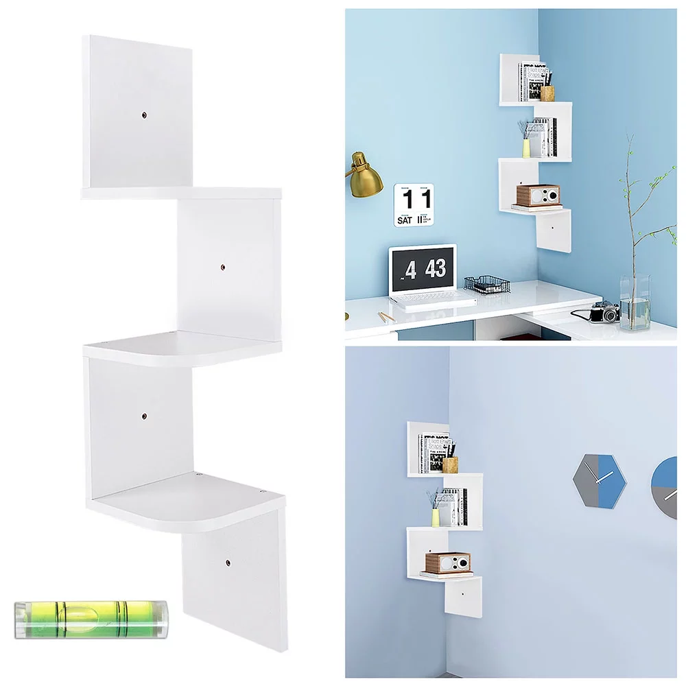 Yescom 3 Tiers Zig Zag Floating Wall Mount Corner Shelf Wooden Display Shelves Storage Organizer with Gradienter White