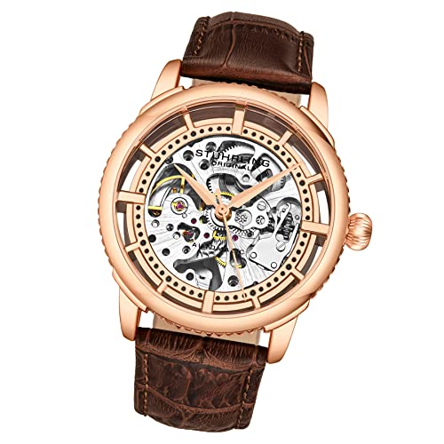 Stuhrling Original Mens Automatic Watch Skeleton Stainless Steel Self Winding Dress Watch with Premium Leather Band Legacy Collection