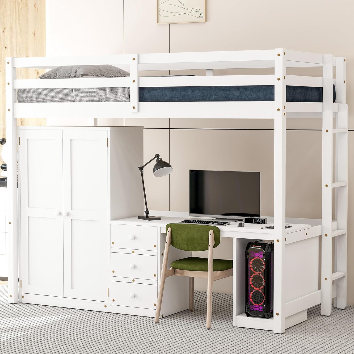 Twin Size Wood Loft Bed with Wardrobe, Desk and Storage Drawers, Versatile Wooden Loft Bed Frame with Large Storage Space for Kids, Boys and Girls, Space-Saving Design, Twin, White