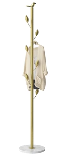 Metal Coat Rack Freestanding Coat Tree Clothes Stand with 6 Hooks,Top with Bird, Marble Base for Coats Hats Bags Purses Entryway Hallway Bedroom（Black