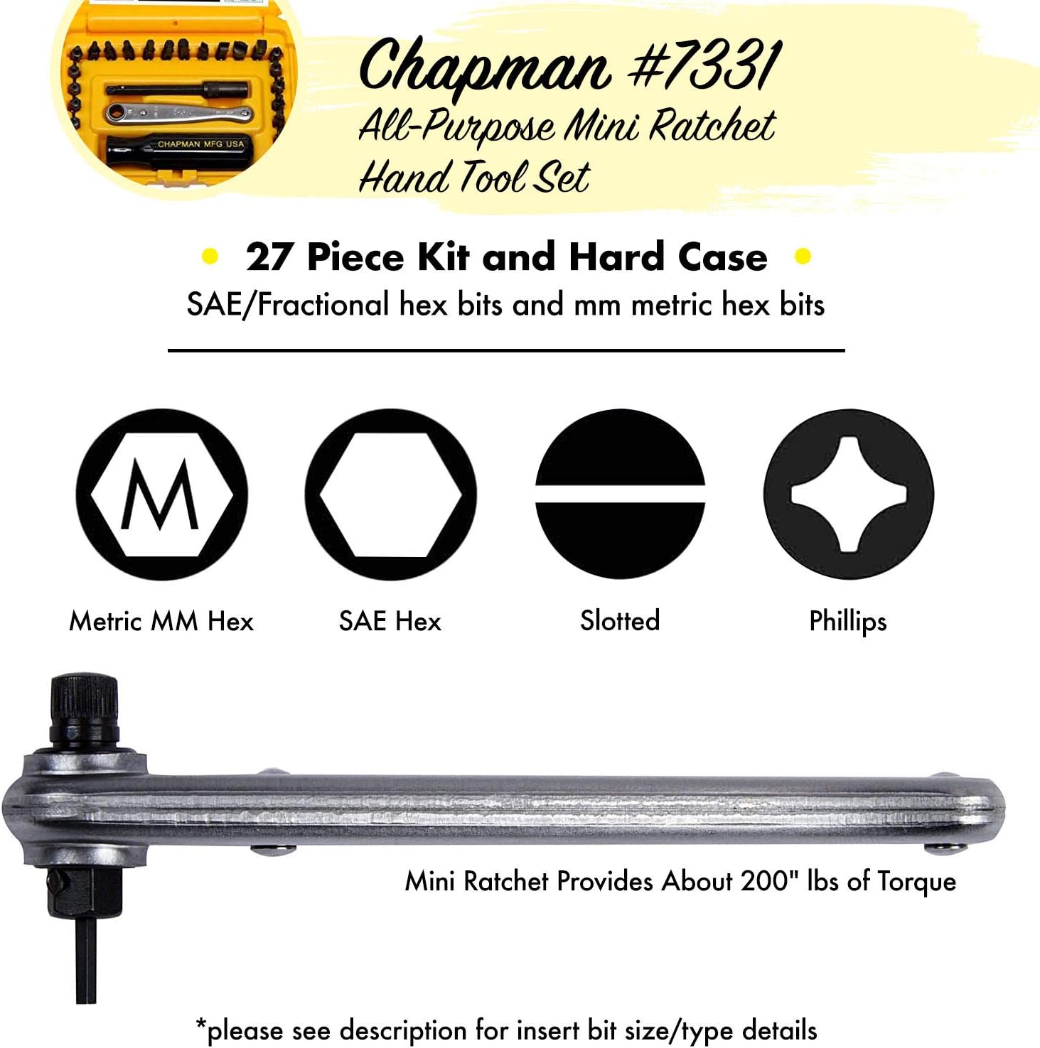 Chapman MFG 7331 All-Purpose Standard Screwdriver Set - Includes Phillips, SAE Allen Hex & Slotted/Flathead Bits - Complete Set Offers 24 USA Made Insert Bits + Mini Ratchet Hand Tool (Yellow Case)