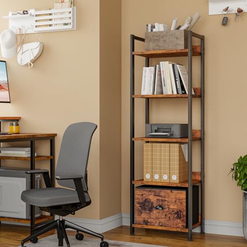 Furologee 5 Tier Bookshelf with Drawer, Kitchen Bakers Rack with Storage, Tall Narrow Bookcase, Industrial Free Standing Display Shelf, Wood and Metal Book Shelf for Bedroom, Living Room, Black