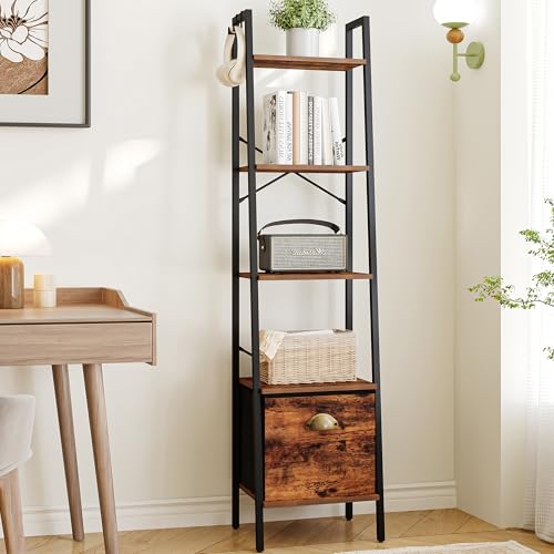 Narrow Bookshelf Bookcase with Drawer, Ladder Shelf with 2 Hooks, Bookshelves Storage Organizer, Freestanding Display Standing for Home Office, Bedroom, 4 Tier Rustic Brown BC19401B