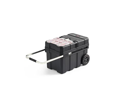 Keter Masterloader Resin Rolling Tool Box with Locking System and Removable Bins – Perfect Organization and Storage Chest for Power Drill, Tape Measure, and Screwdriver Set, Black
