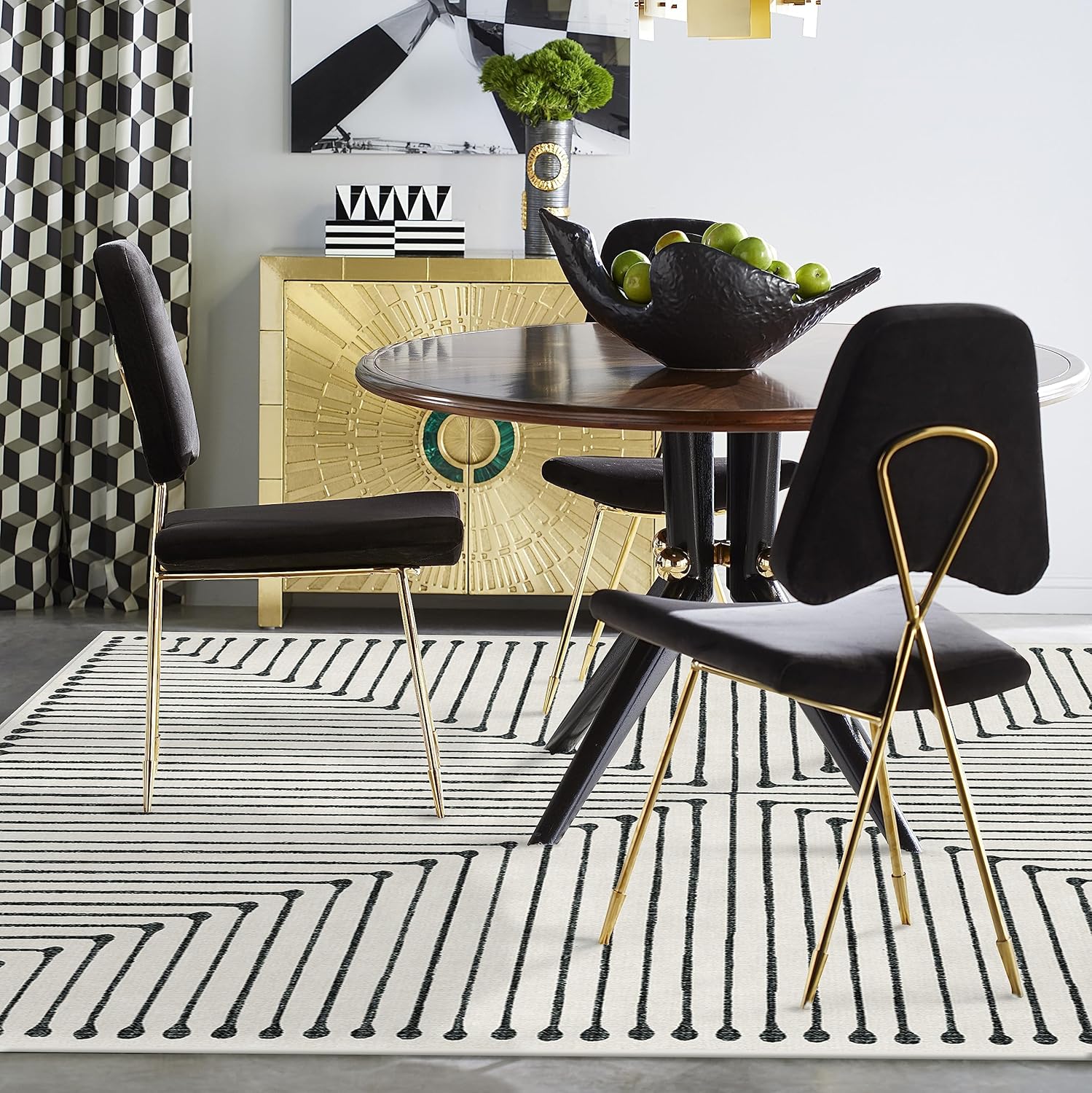 RUGGABLE x Jonathan Adler Washable Rugs 5x7 - Non Slip, Contemporary, Geometric Machine Washable Area Rug, Living Room, Bedroom, Dining Room, Indoor Rug, Inkdrop Black/Ivory 5'x7' (Standard Pad)