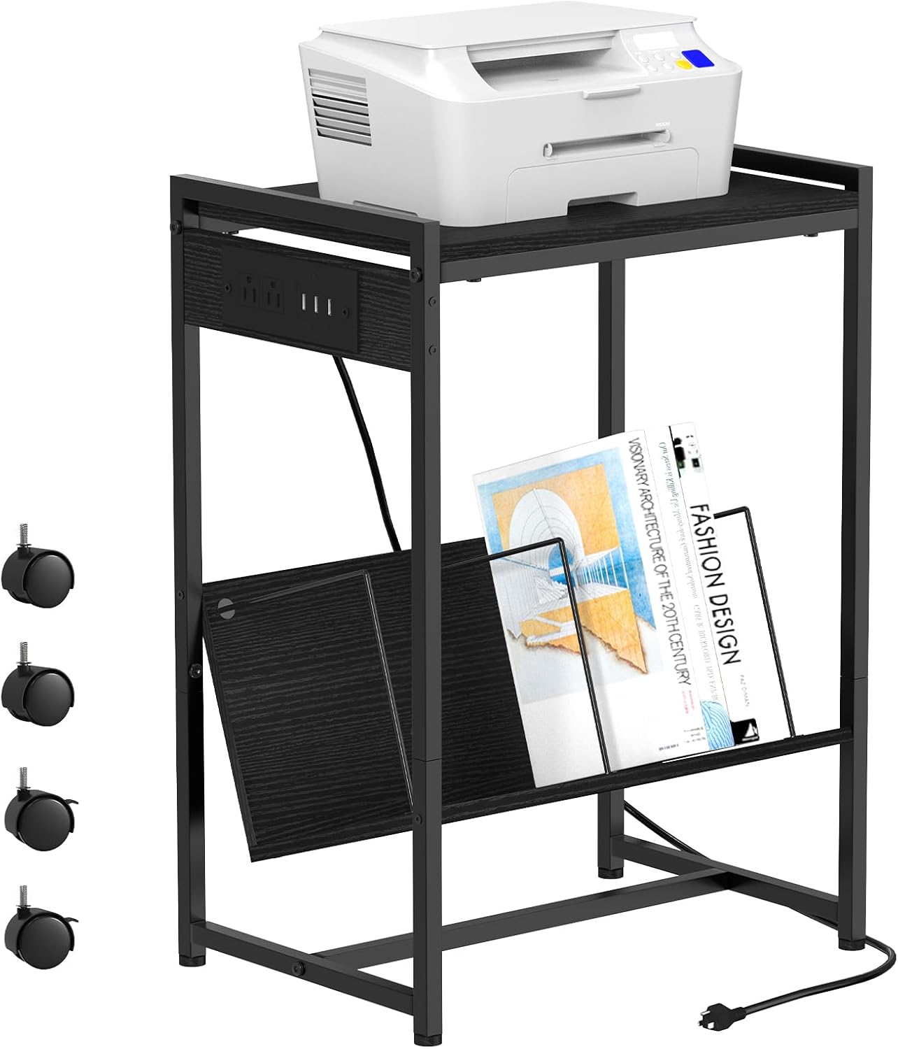 NOVIMANGO Black Record Player Table, Vinly Turntable Stand, Vinyl Record Player Stand End Table with Charging Station Bedroom Nightstand 2 Tier Records Player Holder for Living Room Office