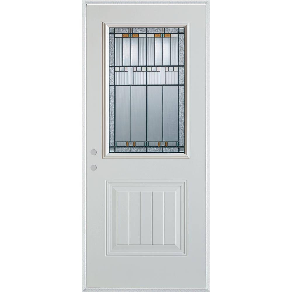 Stanley Doors 36 in. x 80 in. Architectural 1/2 Lite 1-Panel Painted White Right-Hand Inswing Steel Prehung Front DOOR, Prefinis