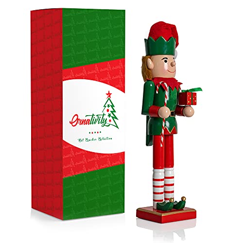 Ornativity Christmas Elf Holiday Nutcracker – Red and Green Wooden Elf with Candy Cane and Gift Box Xmas Themed Holiday Nut Cracker Figure Decorations 15