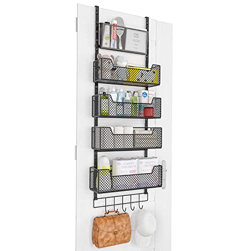 Adjustable Over The Door Organizer, Hanging Door Storage with PVC Pocket and 4 Metal Baskets Wall Mount, Behind Door Rack for Bathroom Pantry Cabinet Bedroom Closet, White