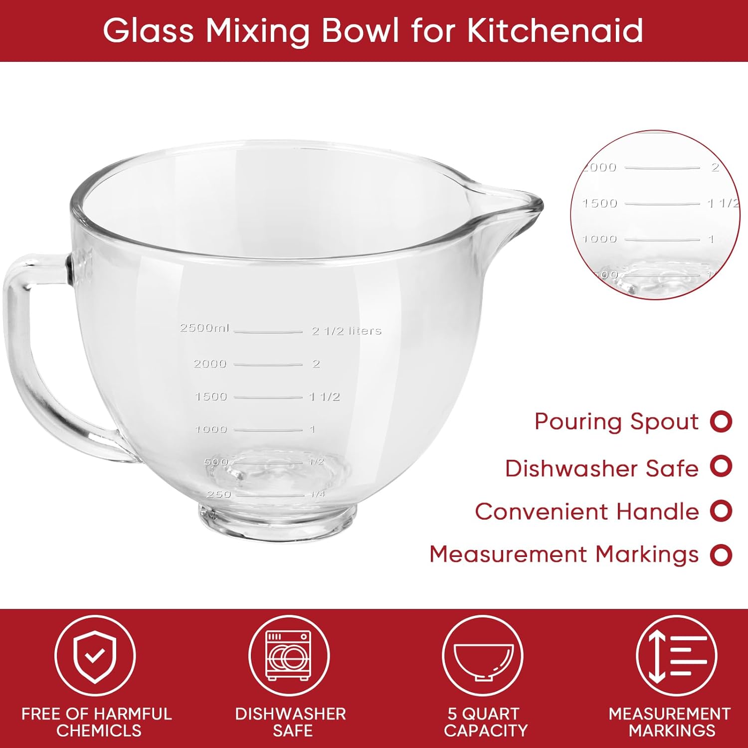Tilt-Head Stand Mixer Glass Bowl, 5 QT,Compatible with Kitchenaid Artisan&Classic Series,Glass Bowl with Lid,Mixer Bowl Cover to Prevent Spilling of Ingredients