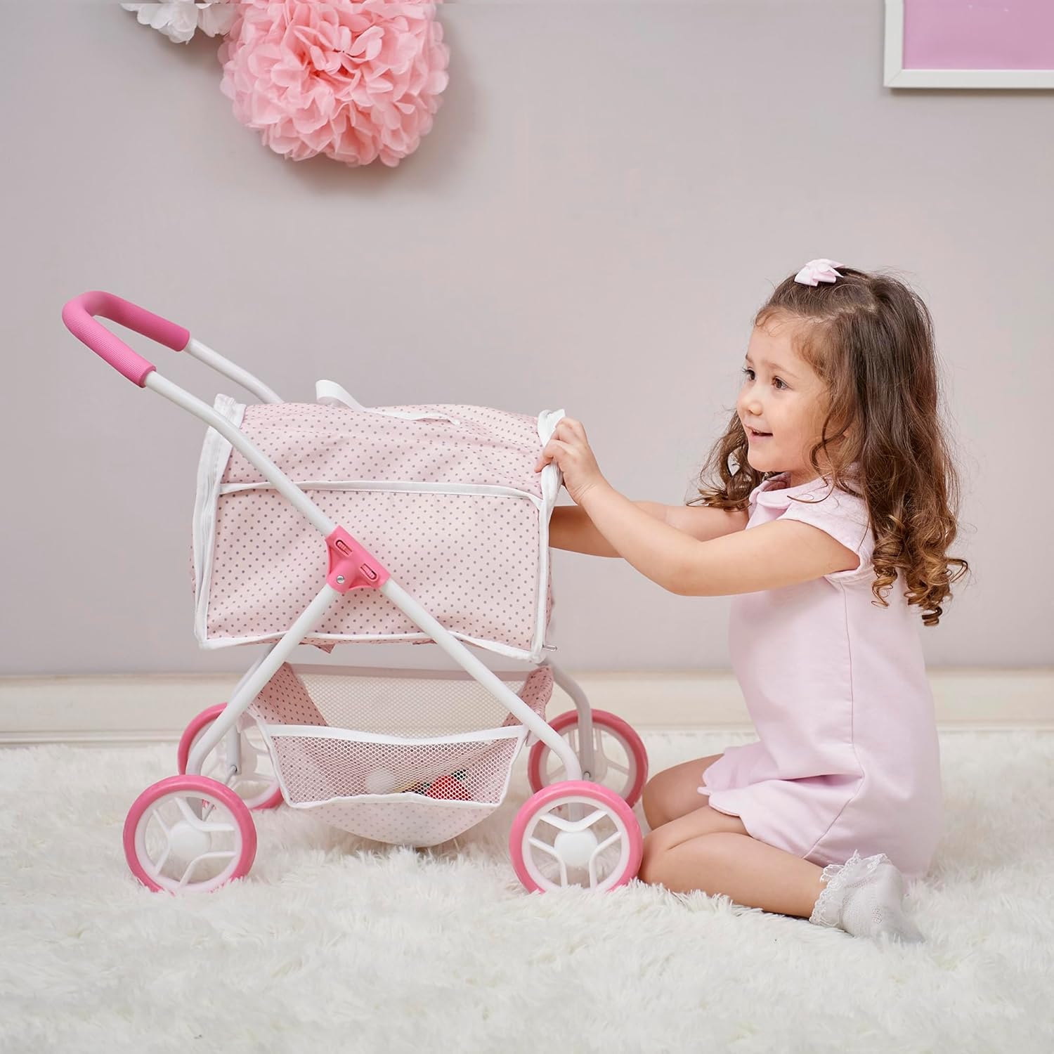 Olivia's Little World Polka Dots Princess Doll Animal Stroller with Detachable Toy Pet Carrier - Pet Doll Pram for 3 yrs and Up - Pink/Gray