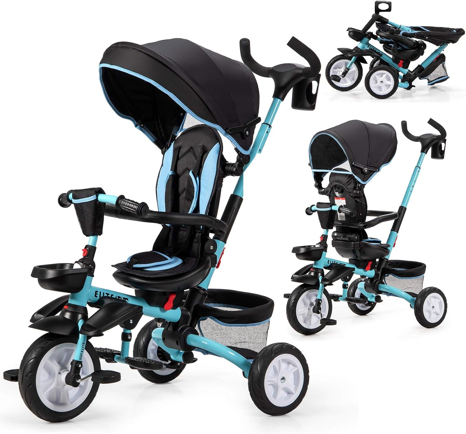 BABY JOY Baby Tricycle, 7-in-1 Kids Folding Steer Stroller w/ Rotatable Seat, Adjustable Push Handle & Canopy, Safety Harness, Cup Holder, Storage Bag, Toddler Tricycle Trike for 1-5 Year Old, Gray