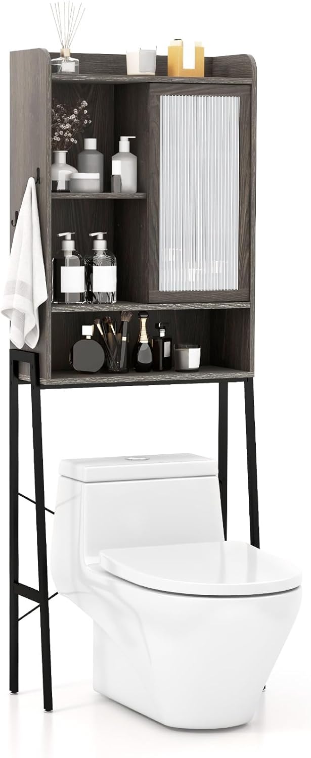 LOKO Over The Toilet Storage Cabinet, Freestanding Storage Organizer Shelf with Sliding Door, Space Saver above Toilet Cabinet with Adjustable Shelves for Bathroom, Laundry (Sliding Door)