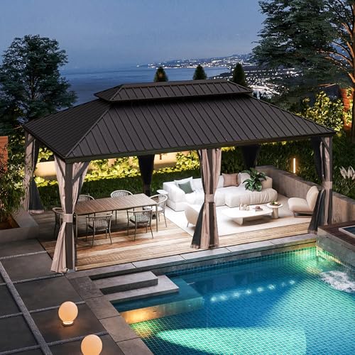 Domi 10’ x 10’ Hardtop Gazebo Metal Frame Canopy with Netting & Curtains, Outdoor Permanent Metal Pavilion with Galvanized Steel Double Roof for Patio Lawn and Garden, Gray