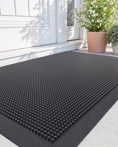 DEXI Front Door Mats Outside Entrance, Heavy Duty Non-Slip Rubber Entry Mat, Dirt Trapping Waterproof Low-Profile Welcome Doormat for Entryway, 24x36, Black