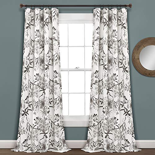 Lush Decor Botanical Garden Curtains Floral Bird Print Light Filtering Window Panel Drapes Set for Living, Dining, Bedroom (Pair), Gray, 52