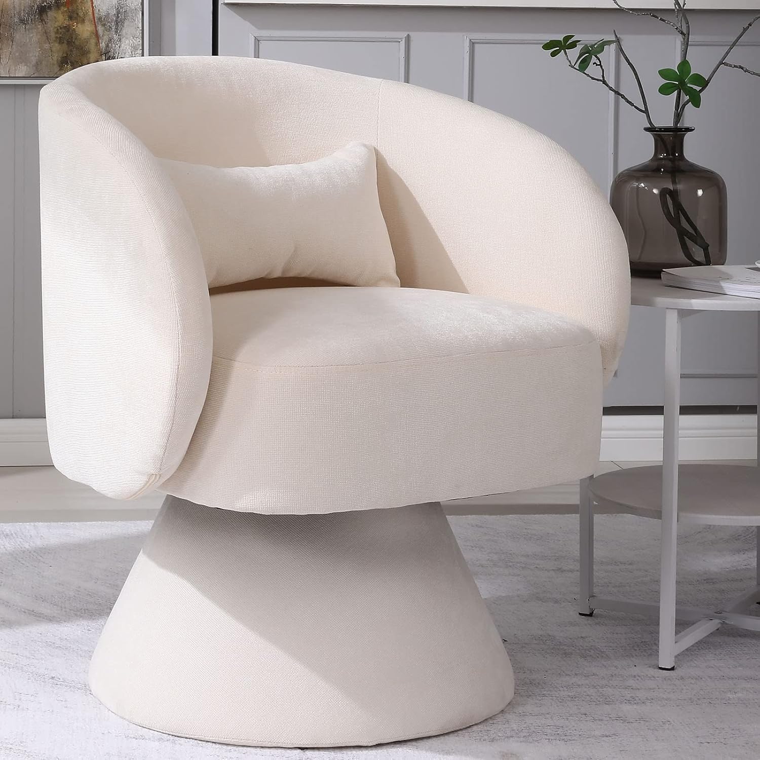 Swivel Barrel Chair,Modern Round Swivel Accent Chairs with Pillow,360 Degree Comfy Linen Fabric Accent Chair Small Single Chair Armchair for Living Room Bedroom(Beige)