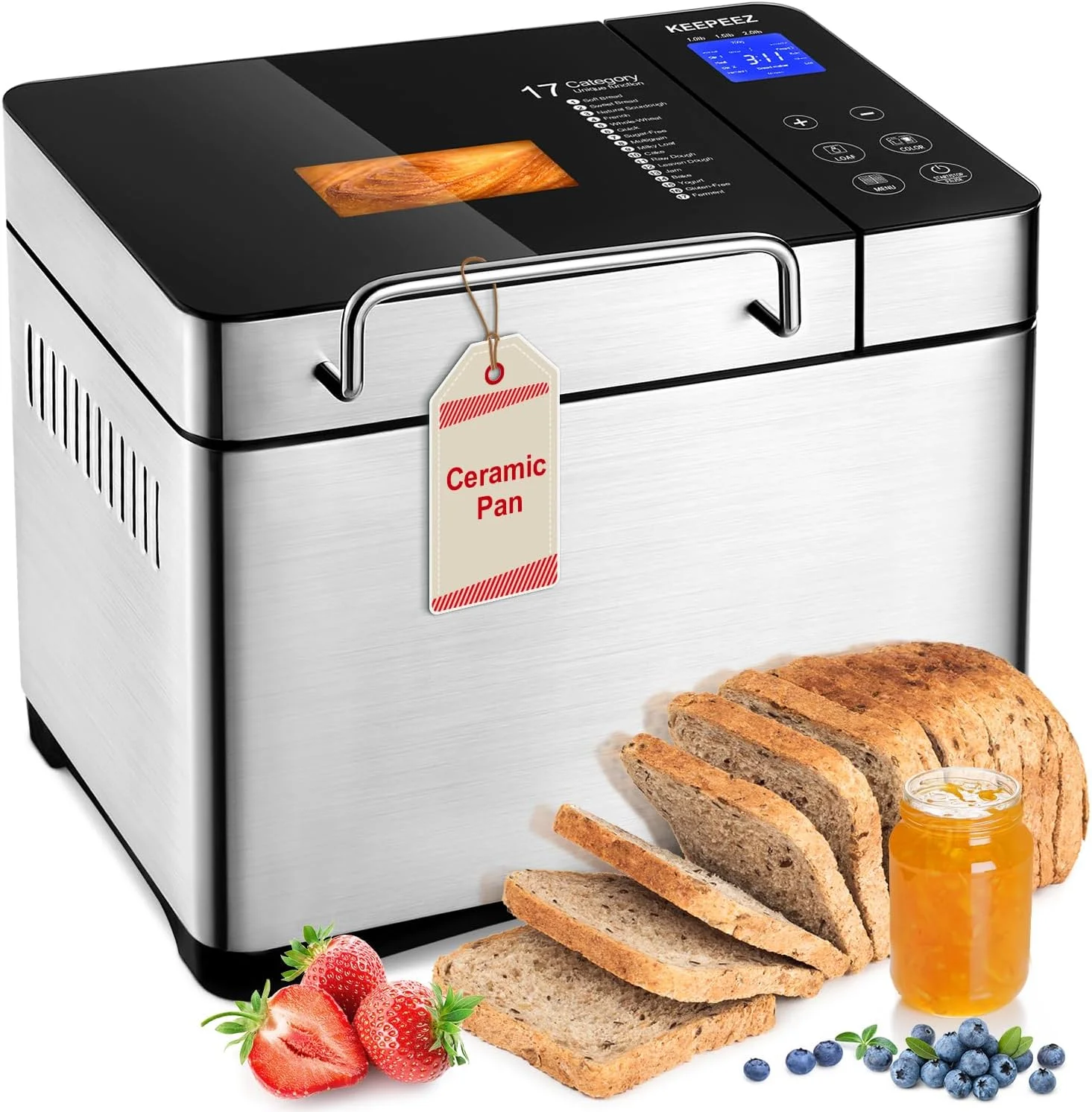Bread Maker Machine, 2LB Premium Stainless Steel Bread Maker, 17-in-1 with Gluten Free, Jam, Yogurt, Dough, Auto Nut Dispenser, Ceramic Pan, 1Hour Keep Warm, 3 Crust Shades, 2 Paddles, Recipes - Radiant Selections