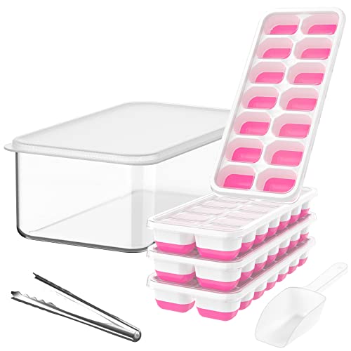 DOQAUS Ice Cube Tray with Lid and Bin, 4 Pack Silicone Plastic Ice Cube Trays for Freezer with Ice Box