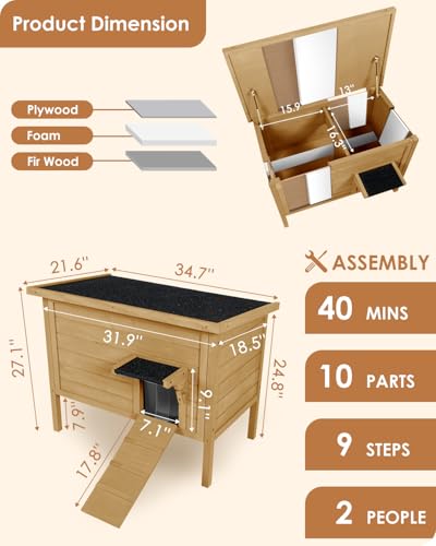 Ivy&Lane Outdoor-Cat-House | Insulated-Feral-Cat-Shelter | Weatherproof | for Winter | Foam & Wood | Large | for Multiple Cats | Fold-up Stair | Acrylic Window | Brown