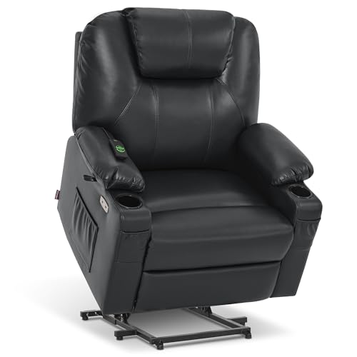 MCombo Power Lift Recliner Chair for Elderly, Lift Chair with Heat and Massage, FSC Certified, USB Ports, Cup Holders, Faux Leather 7040 (Black, Medium)